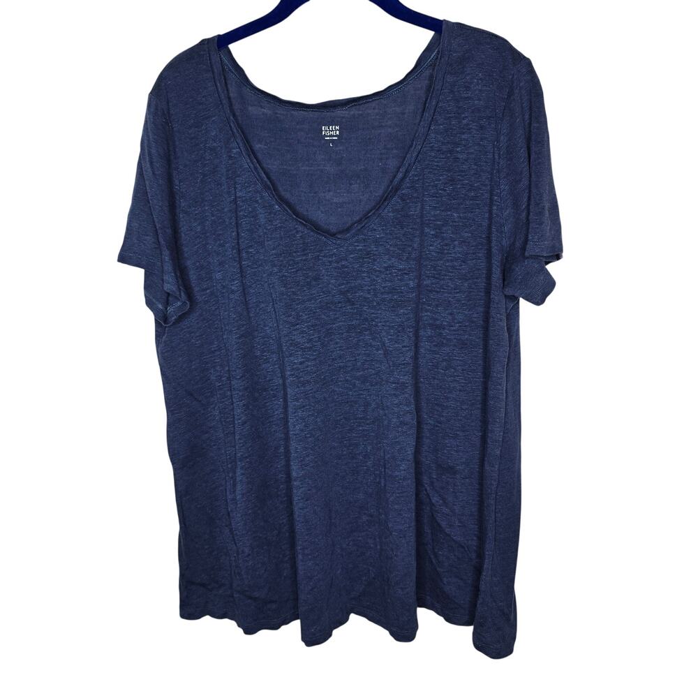 Eileen Fisher Blue Navy Short Sleeve 100% Linen V-Neck T-shirt Size Large